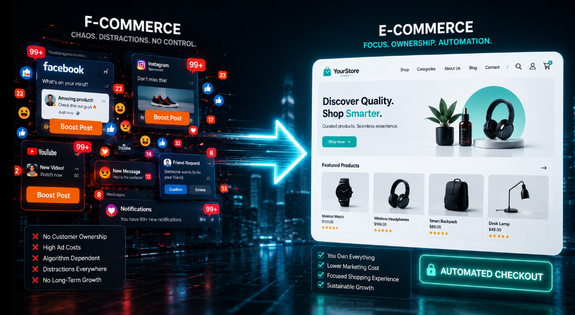Comparison between FCommerce and ECommerce business models showing the differences in selling through Facebook and a dedicated eCommerce website.